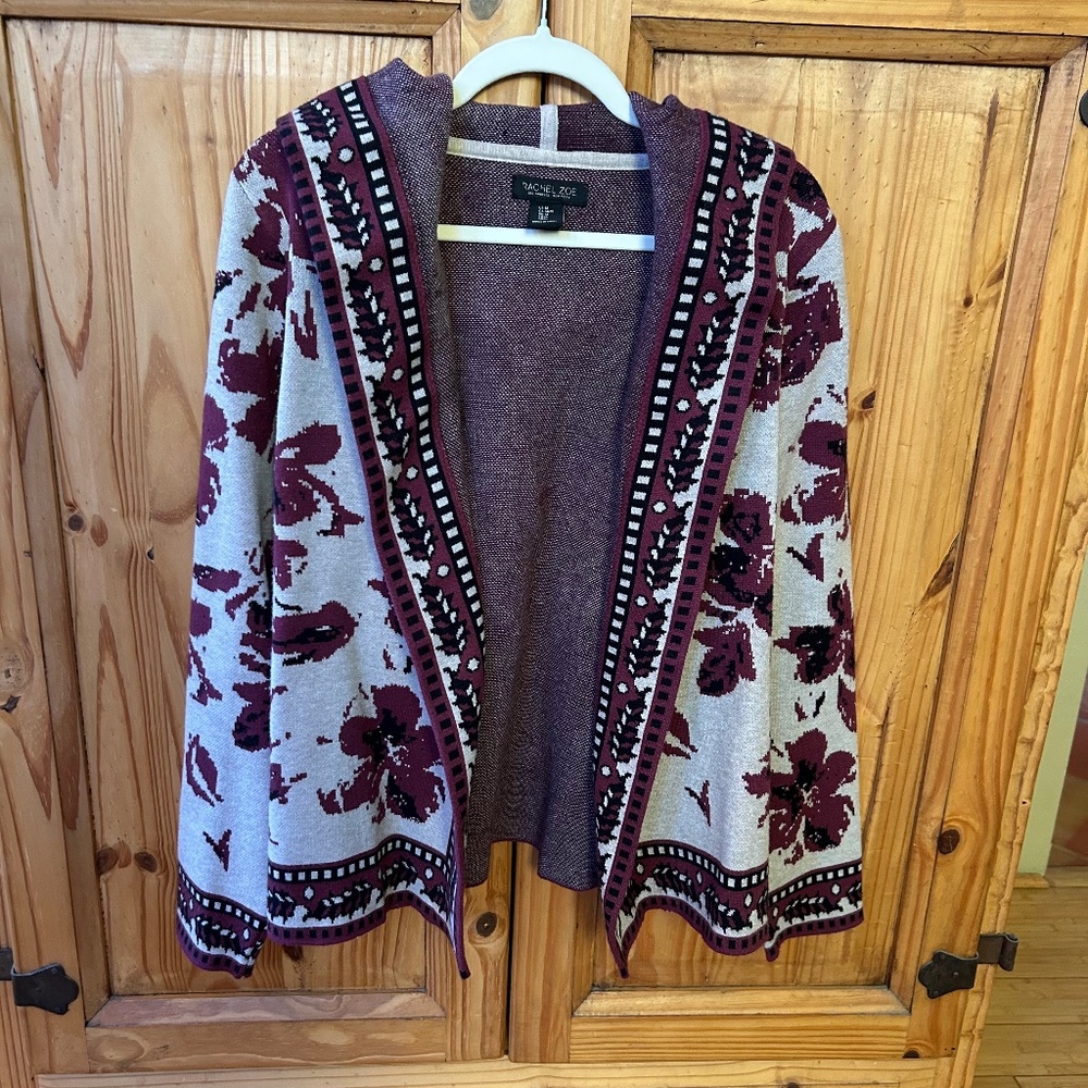 Rachel Zoe Open Front Knit Cardigan Black/Burgandy/Tan Soft Heavyweight Small